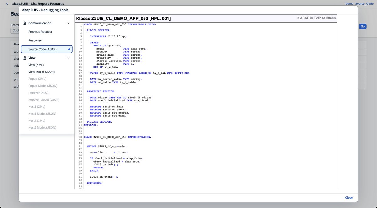 abap2UI5's tweet image. Added a new source code view to the debugging tools! Just press Ctrl + F12 and check it out. 🧰🛠️  

#abap #SAPUI5 #OpenSource