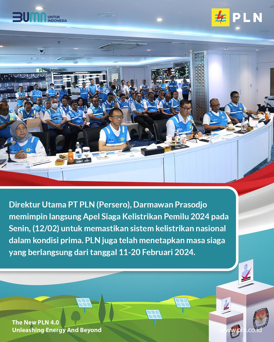 _pln_id's tweet photo. Electrizen, Direktur Utama PT PLN (Persero) Darmawan Prasodjo memimpin langsung Apel Siaga Kelistrikan Pemilu 2024 untuk memastikan sistem kelistrikan nasional dalam kondisi prima.

#PLNSiagaPemilu2024 #PemiluSerentak2024 https://t.co/GqgNBljWWM
