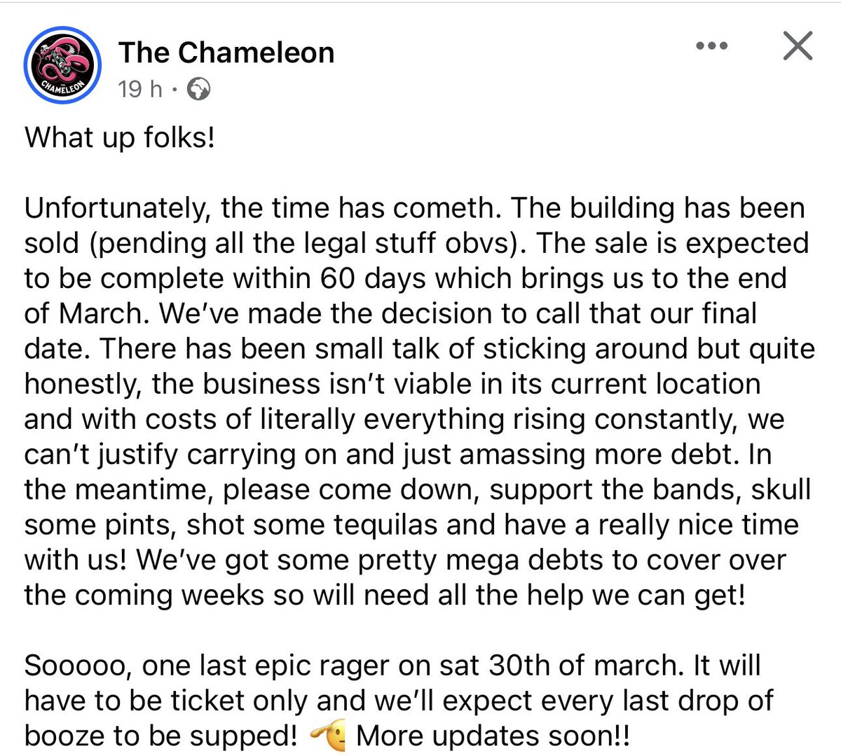 Not everything is rosy in Nottingham right now. The sad news about The Chameleon closing next month will leave a huge hole in the city’s music scene. Nottingham really doesn’t need any more student flats or corporate office blocks, thanks 😡
