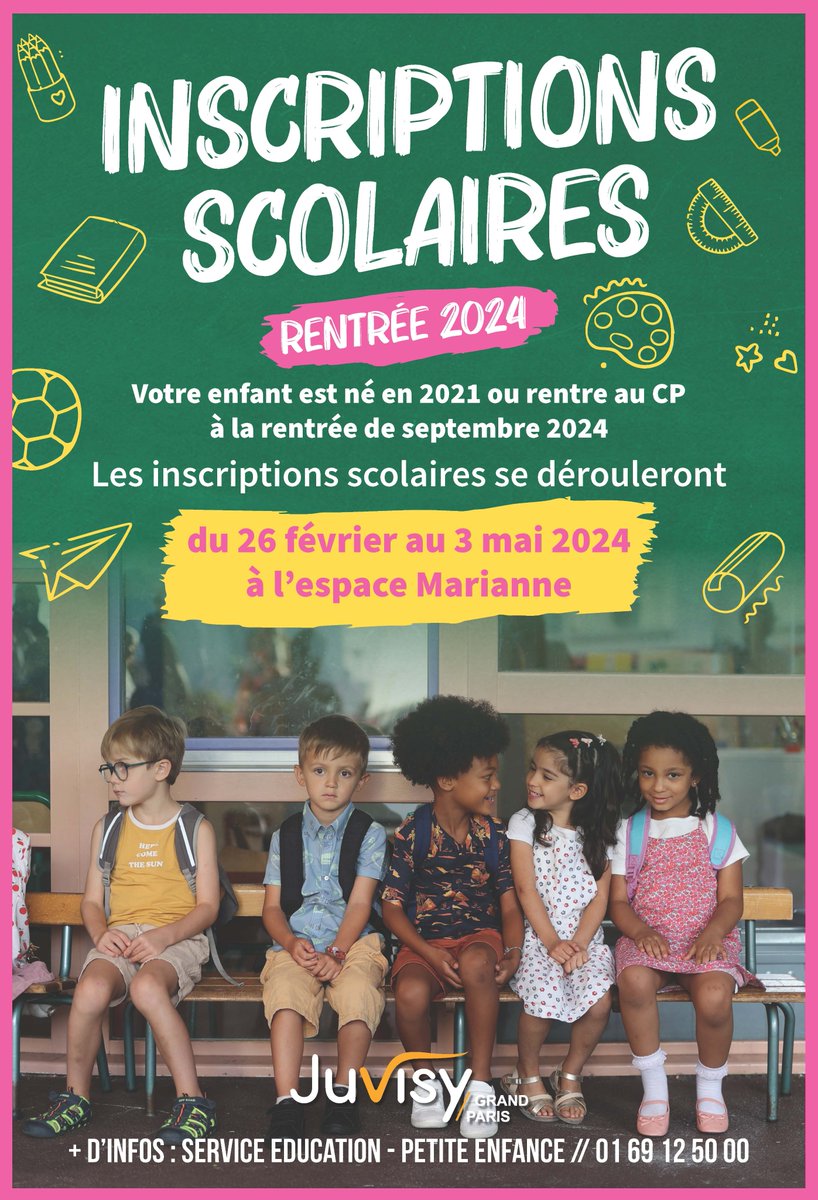 JuvisyOfficiel's tweet photo. Votre enfant est né en 2021 ou effectuera sa rentrée en CP en septembre 2024 ? Les inscriptions scolaires sont à effectuer entre le 26 février et le 3 mai 2024. Retrouvez le guide complet des inscriptions scolaires à l'Espace Marianne ou ici : https://t.co/KNCmfRQBDq 

#juvisy https://t.co/oUnTfIHdey