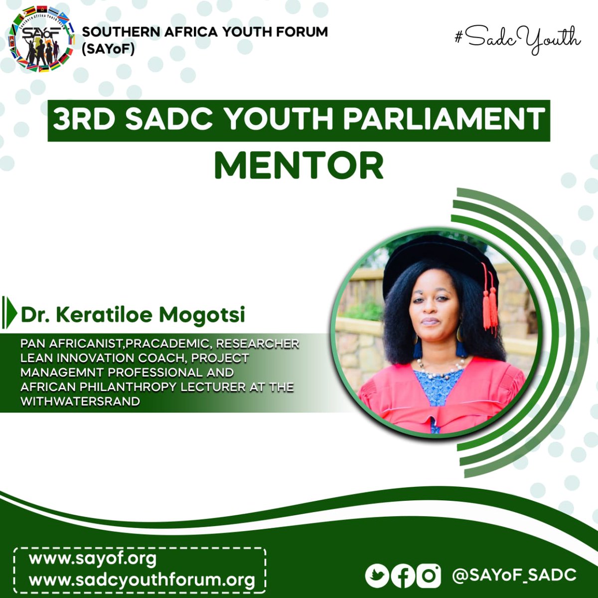 🗒Lets get to know our 3rd #SADCYouth Parliament Mentors

Dr. Keratiloe Mogotsi

📌Pan Africanist, pracademic, researcher, lean innovation coach, project management professional and African Philanthropy Lecturer at the University of the Witwatersrand

#SADCYouthParliament