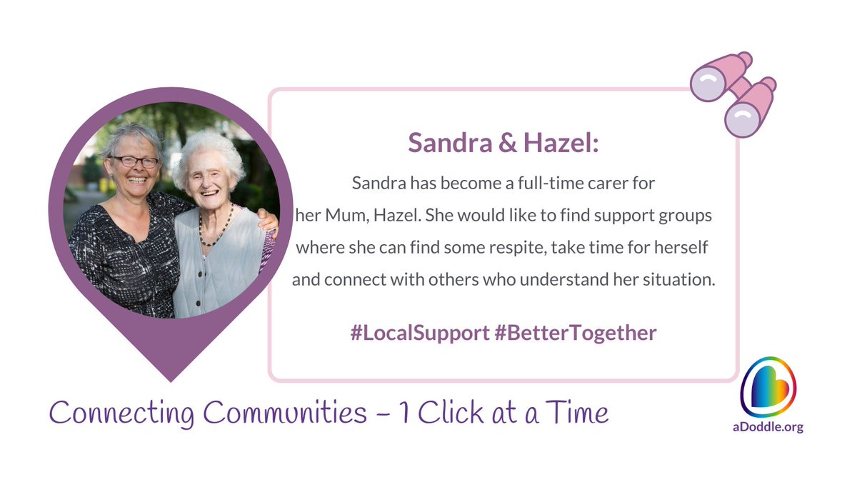 aDoddle_UK's tweet image. &apos;Sandra&apos; has become a full-time carer for her Mum, &quot;Hazel&quot;. She&apos;d like to find support groups where she can find respite, take time for herself &amp;amp; connect with others who understand her situation.

For 𝗘𝘃𝗲𝗿𝘆𝗼𝗻𝗲 and 𝗘𝘃𝗲𝗿𝘆 𝗖𝗼𝗺𝗺𝘂𝗻𝗶𝘁𝘆📍

#CommunityMaps #aDoddleIt