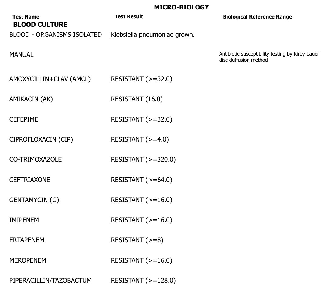 NagarjunG11's tweet photo. Horrible to see these kinds of blood culture reports where highest antibiotics like CARBAPENAMS are resistant...and people outside use and abuse antibiotics like Cadbury gems... 
SINCERELY URGE PUBLIC TO NOT TO USE ANTIBIOTICS UNTIL AND UNLESS INDICATED... viral fevers go 1/2 https://t.co/g6Euzz4oeb