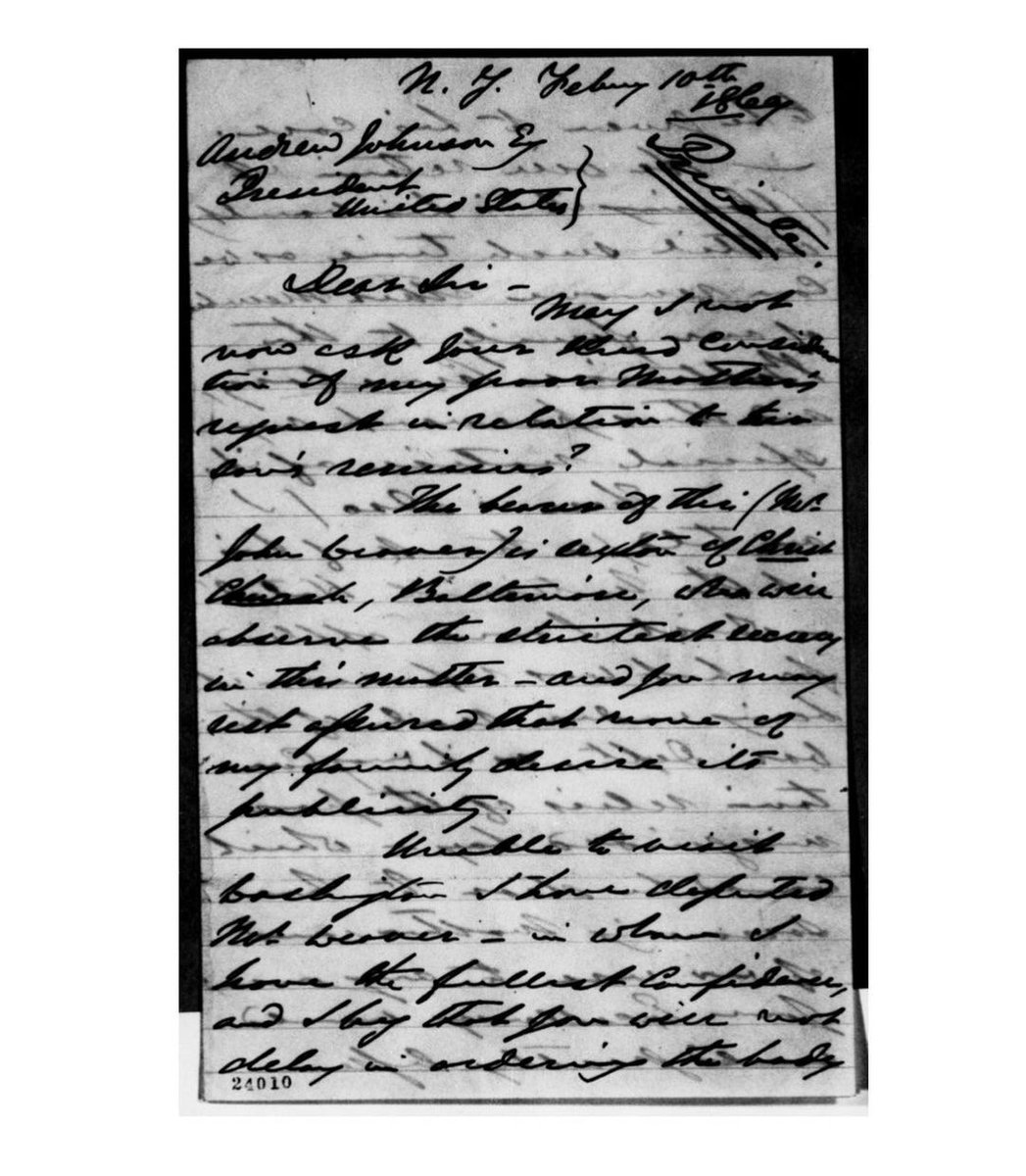 SpiritsTH's tweet photo. Feb. 10, 1869: #EdwinBooth wrote to President Andrew Johnson asking if the time was now right for the family to retrieve the body of his brother, #JohnWilkesBooth. This was the final month of Johnson’s presidency &amp; he finally assented to the release. https://t.co/PmSeNXkeBT