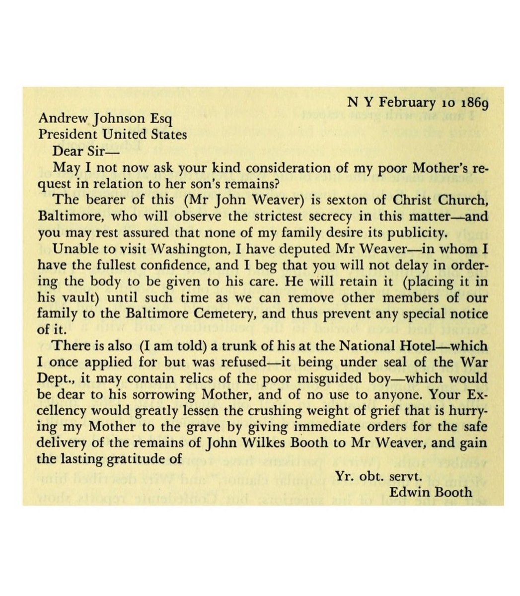 SpiritsTH's tweet photo. Feb. 10, 1869: #EdwinBooth wrote to President Andrew Johnson asking if the time was now right for the family to retrieve the body of his brother, #JohnWilkesBooth. This was the final month of Johnson’s presidency &amp; he finally assented to the release. https://t.co/PmSeNXkeBT