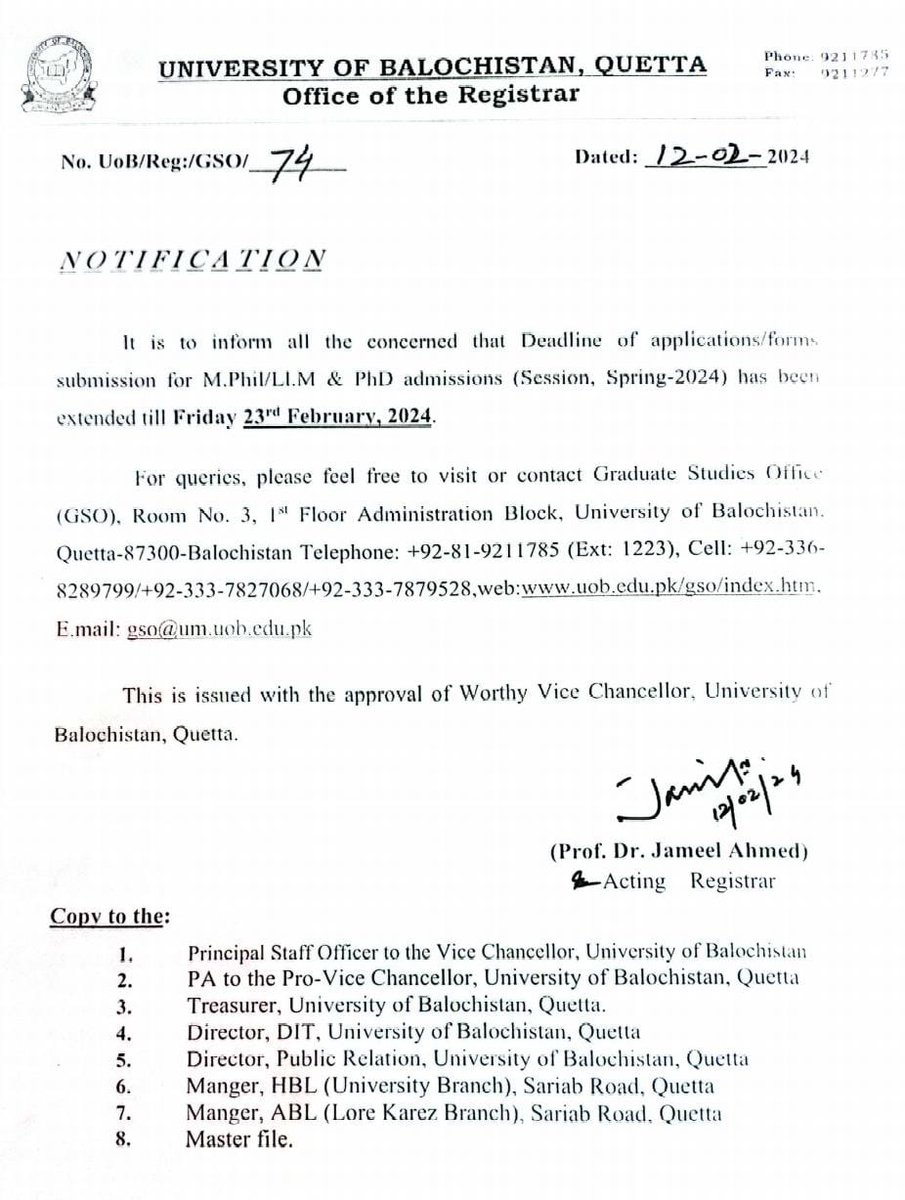 UOBQuetta's tweet photo. The deadline of Forms Submission for M.Phil &amp; Ph.D Admissions Spring-2024 has been Extended till Friday 23rd February, 2024.
Email: gso@um.uob.edu.pk https://t.co/XnYdNKpXYK