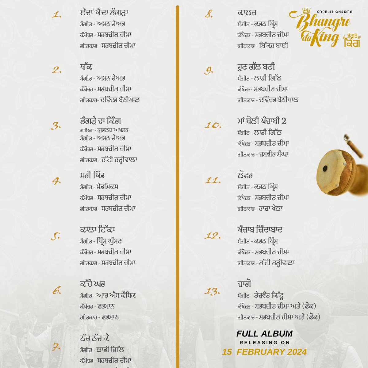 Presenting you the SONG LIST of Bhangre Da King Full Album releasing on February 15th @AmanHayer1 #SarbjitCheema