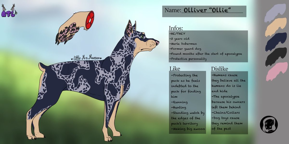 Andeslynx's tweet photo. Happy to introduce my Merle Doberman sona for the #Siriuspack 

I plan to a lil story eventually of how their life was before the apocalypse as well as before he was found by the pack👀

Line art by @/littleMrsManson on deviant art https://t.co/cdDCvSNySI