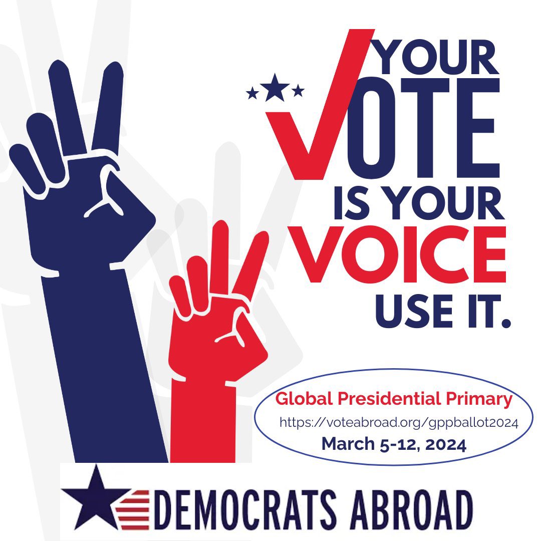 Are you an American living abroad? DA's Global Presidential Primary starts Super Tuesday, March 5 through March 12. Vote in person around the world or online! Find out more here bit.ly/3UgeHBO 🇺🇸🌍
#VoteFromAbroad
#americansabroad
#DemsAbroad
#AmericansOverseas
#USExpats