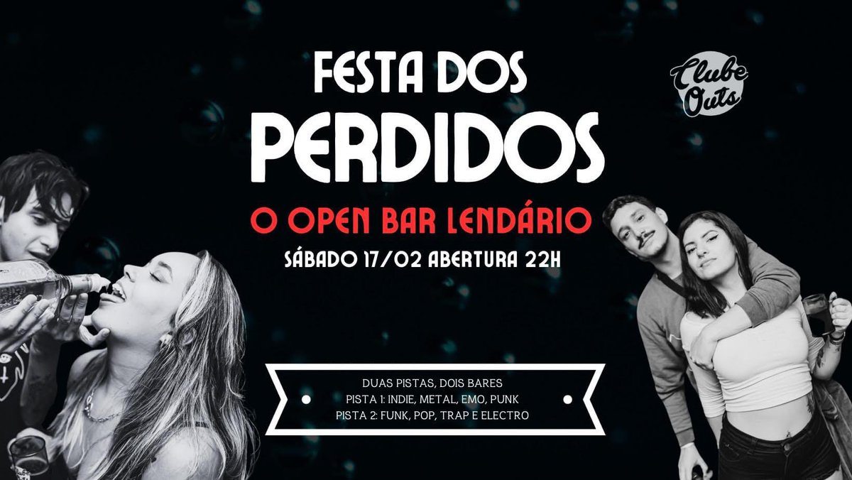 ClubeOuts's tweet photo. Sábado rola a FESTA DOS PERDIDOS, o OPEN BAR LENDÁRIO. Quer concorrer a um vip?

Pista 1: Festa dos Perdidos - Rock 
Pista 2: Baile da 2 (Funk e Pop)

➡️ Siga nosso perfil 
➡️ Dê um retuíte 

Resultado no dia do evento. https://t.co/pl3RGzsG1U