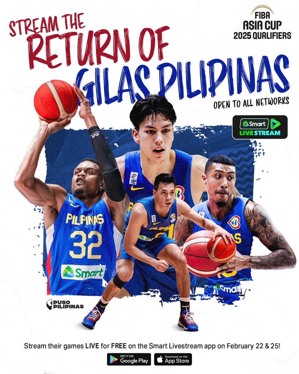 puso_pilipinas's tweet photo. Another year, another chance to play for the flag 🇵🇭
Catch Gilas Pilipinas in action this February 22 & 25, 2024!
📲/💻 LIVE: https://t.co/bGS3RjfCGR
#SmartGilas #SmartFIBA https://t.co/CFtaTgVOOy