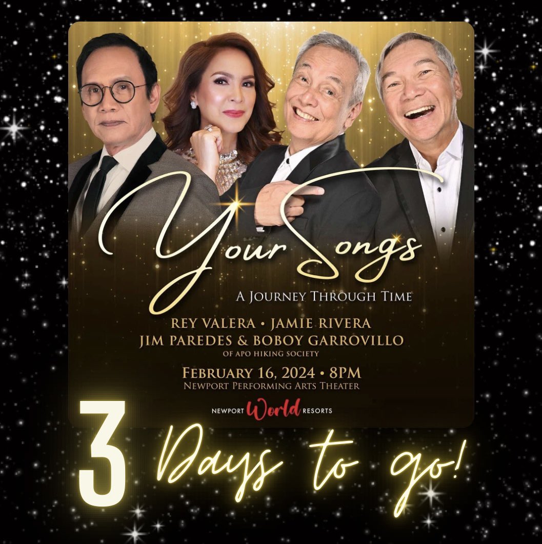 StarMusicPH's tweet photo. ✨3 DAYS TO GO✨

The timeless #YourSongs concert with @JamieRivera829, #ReyValera, #JimParedes, &amp; #BoboyGarrovillo is upon us! Feb 16, 8PM | Newport Performing Arts Theater 🎶

BUY YOUR TICKETS NOW: https://t.co/W5eJo29X3T https://t.co/ywzr2ZNIxf