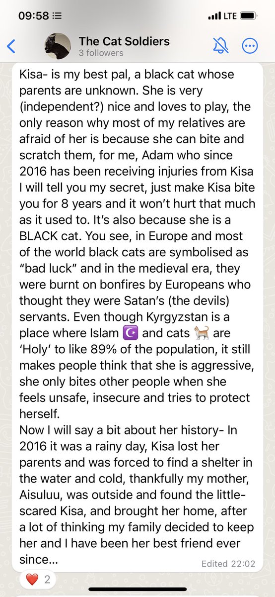 Нашему сыну 10 лет и каждый раз он хочет спасти уличных кошек и котят, а мы не хотим. 

Так вот, сын вчера создал канал и так мило написал историю нашей кошки. 

Чтобы было больше подписчиков, чем просто я и <a href="/Isuloo/">Ice baby</a>, подпишитесь на канал пожалуйста :) 
 whatsapp.com/channel/0029Va…