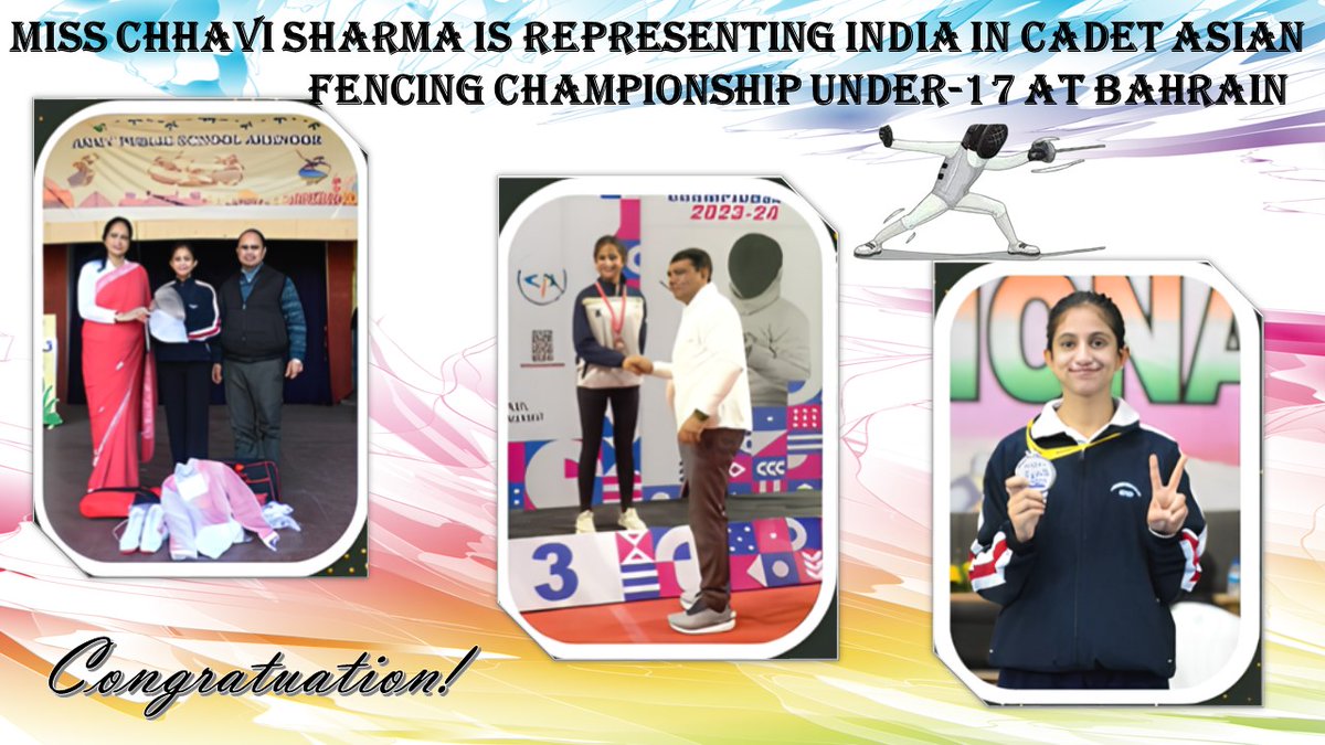 Miss Chhavi Sharma of Army Public School, #Akhnoor is representing India in Cadet Asian Fencing Championship Under-17 at #Bahrain from 16-25 Feb 2024.#ViksitBharatSankalpYatra #ProgressingJK #NashaMuktJK #VeeronKiBhoomi #Indian #Awareness