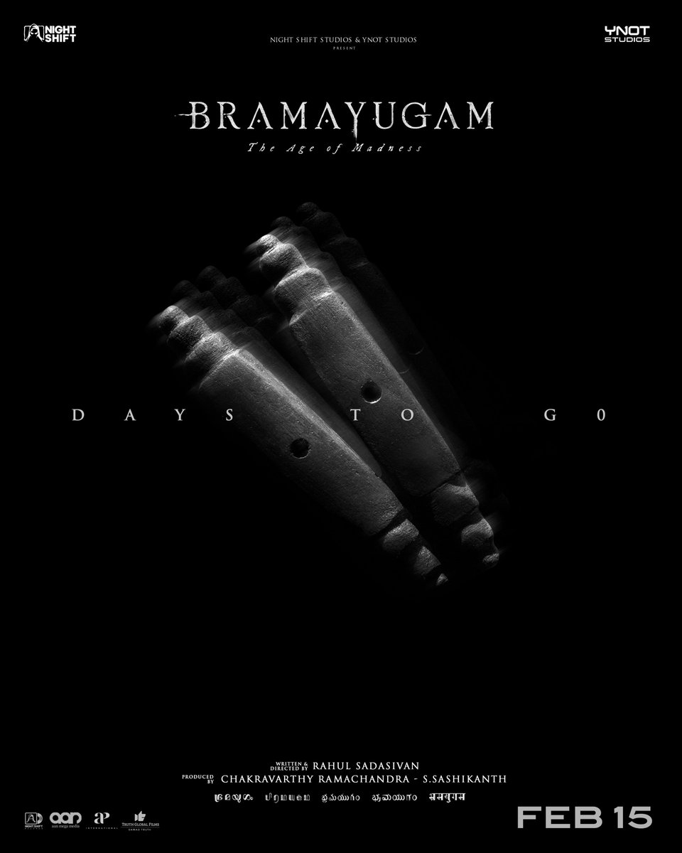 2 DAYS TO GO FOR #Bramayugam ! In Cinemas Worldwide From FEB 15 Tickets : linktr.ee/allnightshifts Trailer : youtube.com/watch?v=55pzld… #Bramayugam starring @mammukka Written & Directed by #RahulSadasivan Produced by @chakdyn @sash041075 @allnightshifts @studiosynot…