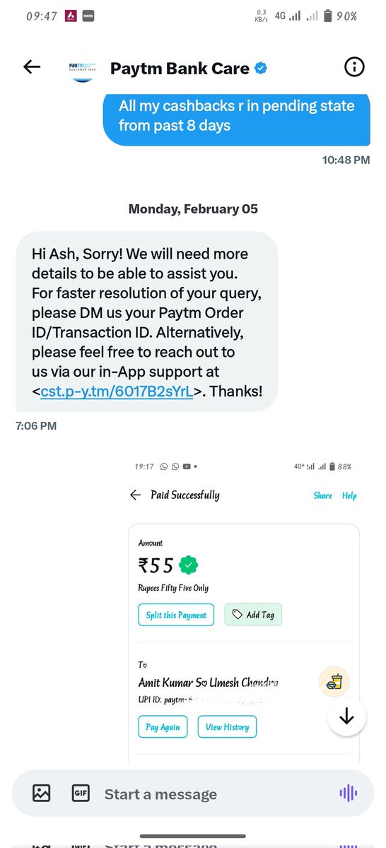 sweetyash3's tweet image. My ticekt id 3369205480 from 26 jan @paytmbankcare not resolving issue @Paytm  is a fraud #dontusepaytm
#bewareofpaytm 
#noreplyformyissue
#paytmisafraud
#PaytmPaymentsBank 
This is what they are helping in DM I'll share screenshots here from 05 Feb their response