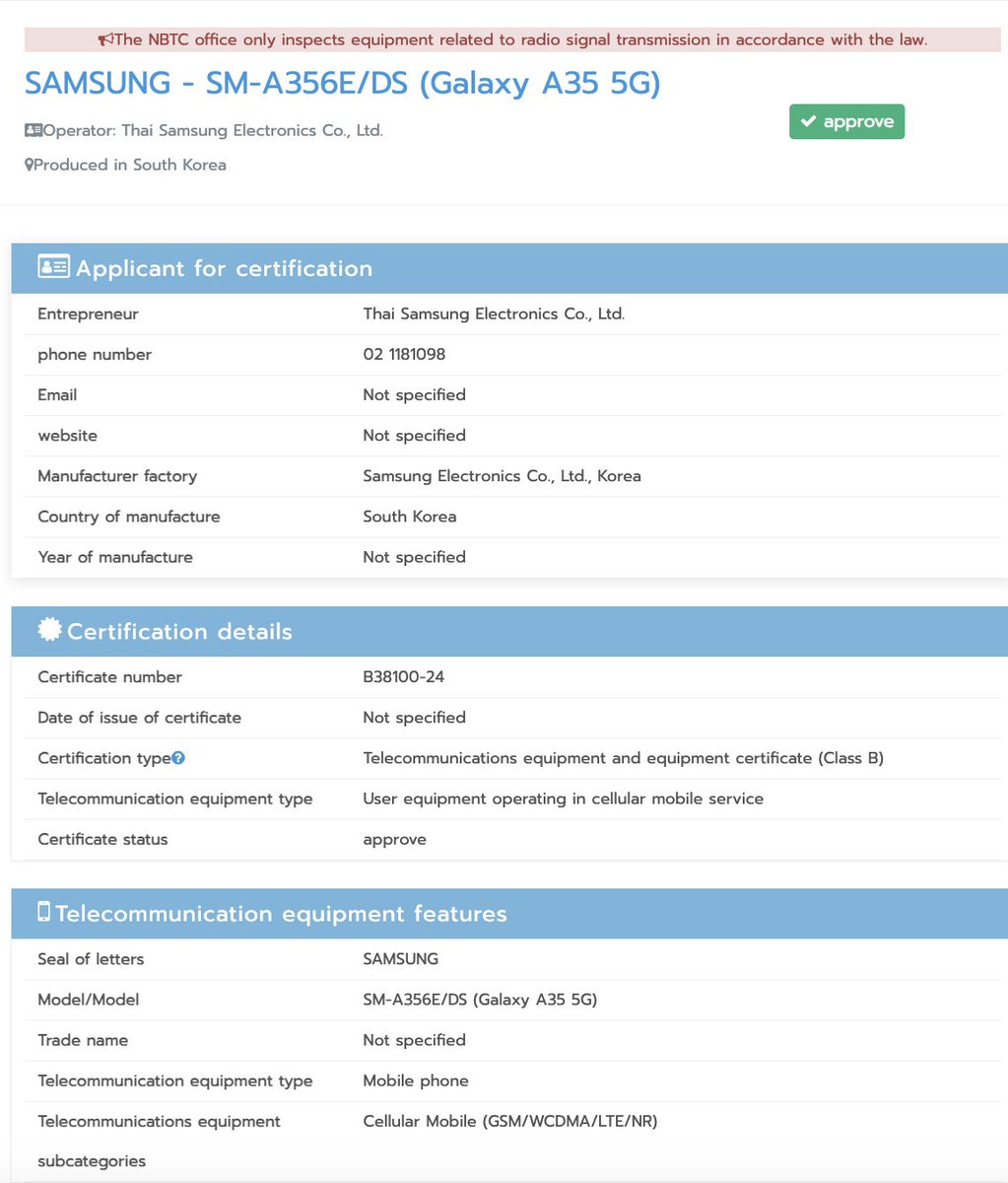 Galaxy A35 5G receives the NBTC certification.
#Samsung #SamsungGalaxyA35
