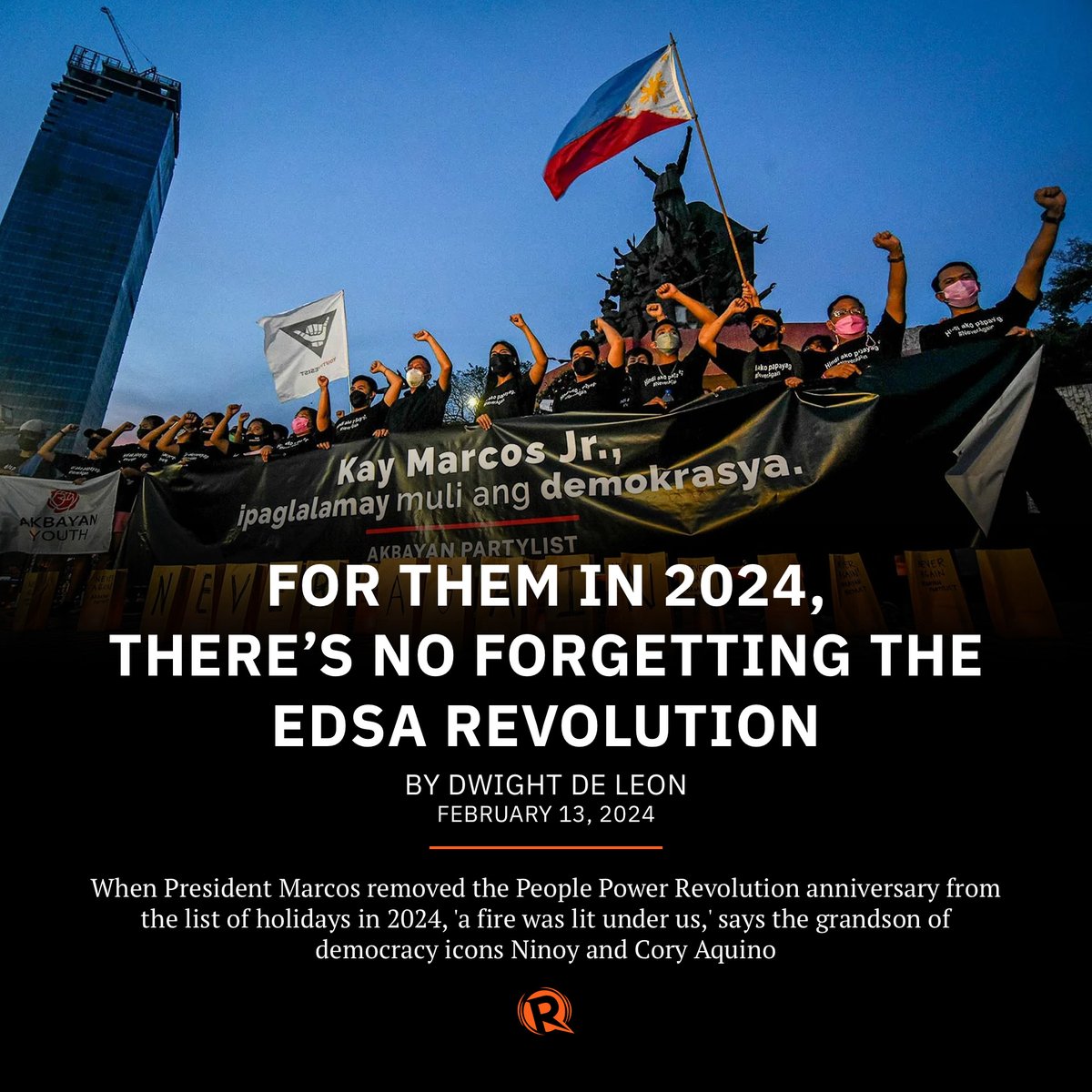 rapplerdotcom's tweet photo. No holiday, no problem.

Malacañang’s decision in October 2023 to exclude the EDSA People Power Revolution anniversary from the list of holidays in 2024 prompted democracy advocates to push back harder and mount numerous commemorative events this year. https://t.co/jHHNqnfwrt https://t.co/uAR59PK1HT