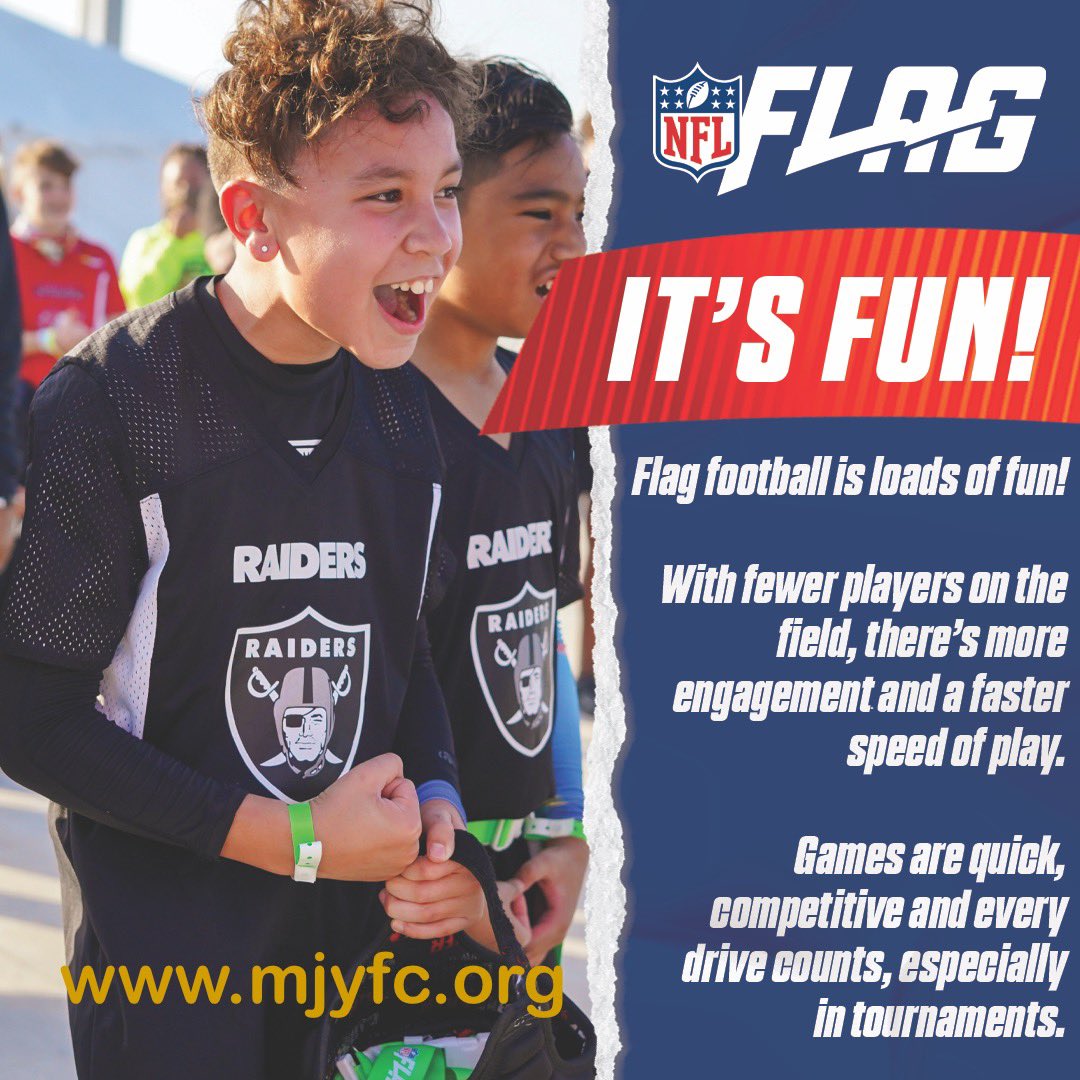 NFL Flag Football for ages 5 to 17.  Several age divisions are close to max limits so don’t miss out, register today! Click the link for more details &amp; to register:  mjyfc.sportngin.com/register/form/…