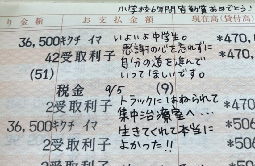 livedoornews's tweet photo. 【愛情】息子に1日100円貯金続けた母、20歳を迎えた日の投稿に10万いいね
https://t.co/kA1MXLLNwp

長男が1歳になった時に口座を作り、1日100円を20歳まで貯金することを決めたという投稿者。1年分を長男の誕生日に入金し、通帳に一言メッセージを書き込んでいたという。 https://t.co/lJInTUMuns