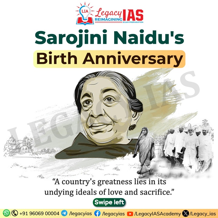 Legacy_ias's tweet photo. Celebrating the #birthanniversary of the #Nightingale of India, #SarojiniNaidu, honoring her legacy as a poet, #freedomfighter, and the first woman President of the Indian #NationalCongress.
#NightingaleOfIndia #poet #Womenpresident #Indiahistory #UPSCfact #Legacyias https://t.co/Pe1ZqUkJ4R