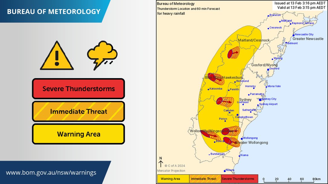 Severe thunderstorms warning (including detailed cell-based warning) is current in #WesternSydney #Wollongong #SouthernHighlands #BlueMountains. Localised heavy fall is the main concern, but a risk of large hail cannot be ruled out. Latest warning bom.gov.au/products/IDN21…