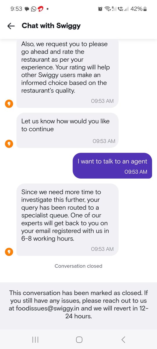 Jithin J Prasad (@jithinjprasad) on Twitter photo Missinng Order from Swiggy and their response after lodging a complaint (2/2).
They closed the chat just like that 😕
<a href="/Swiggy/">Swiggy Food</a> #Swiggy Missinng Order from Swiggy and their response after lodging a complaint (2/2).
They closed the chat just like that 😕
<a href="/Swiggy/">Swiggy Food</a> #Swiggy