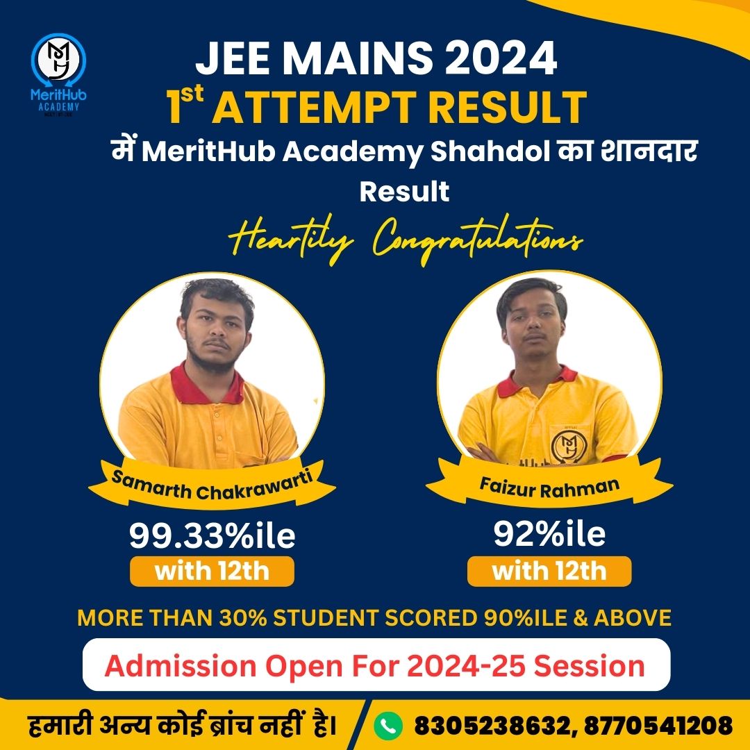 MeritHub Academy has shown spectacular result in JEE Mains 2024 1st attempt. More than 30 percent scored 90 percentile and above.
Heartily Congratulations to all the students who qualified for JEE MAINS 2024.🎉 #jeemains2024 #jeemain2024result #jeefirstattempt #jeemainresult2024