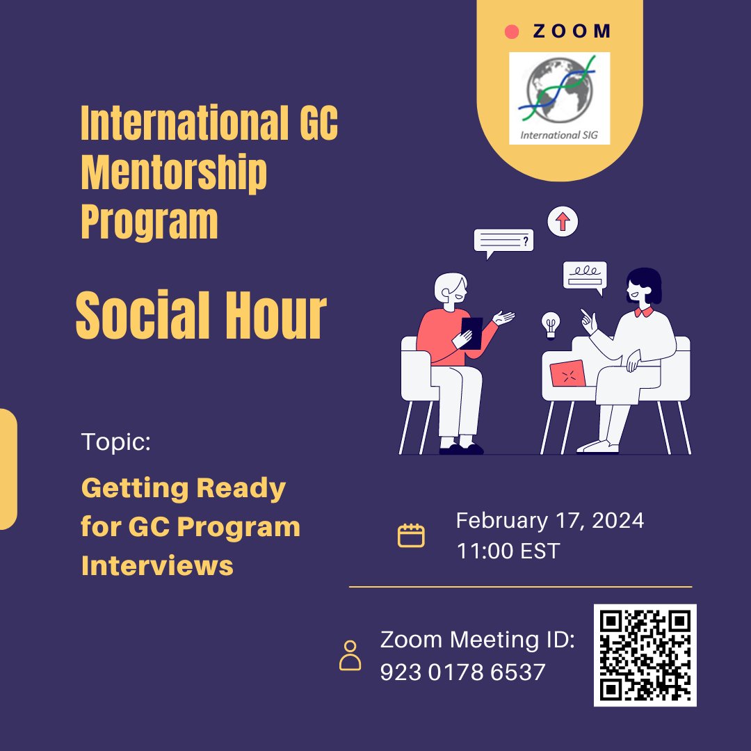 International GC Mentorship Program - Social Hour: Getting ready for interviews
Join IGCMP mentors for a discussion on Preparation for GC Program Interviews!
We hope to provide support and serve as a resource as applicants enter this next stage of application.
#GeneChat #ISIG