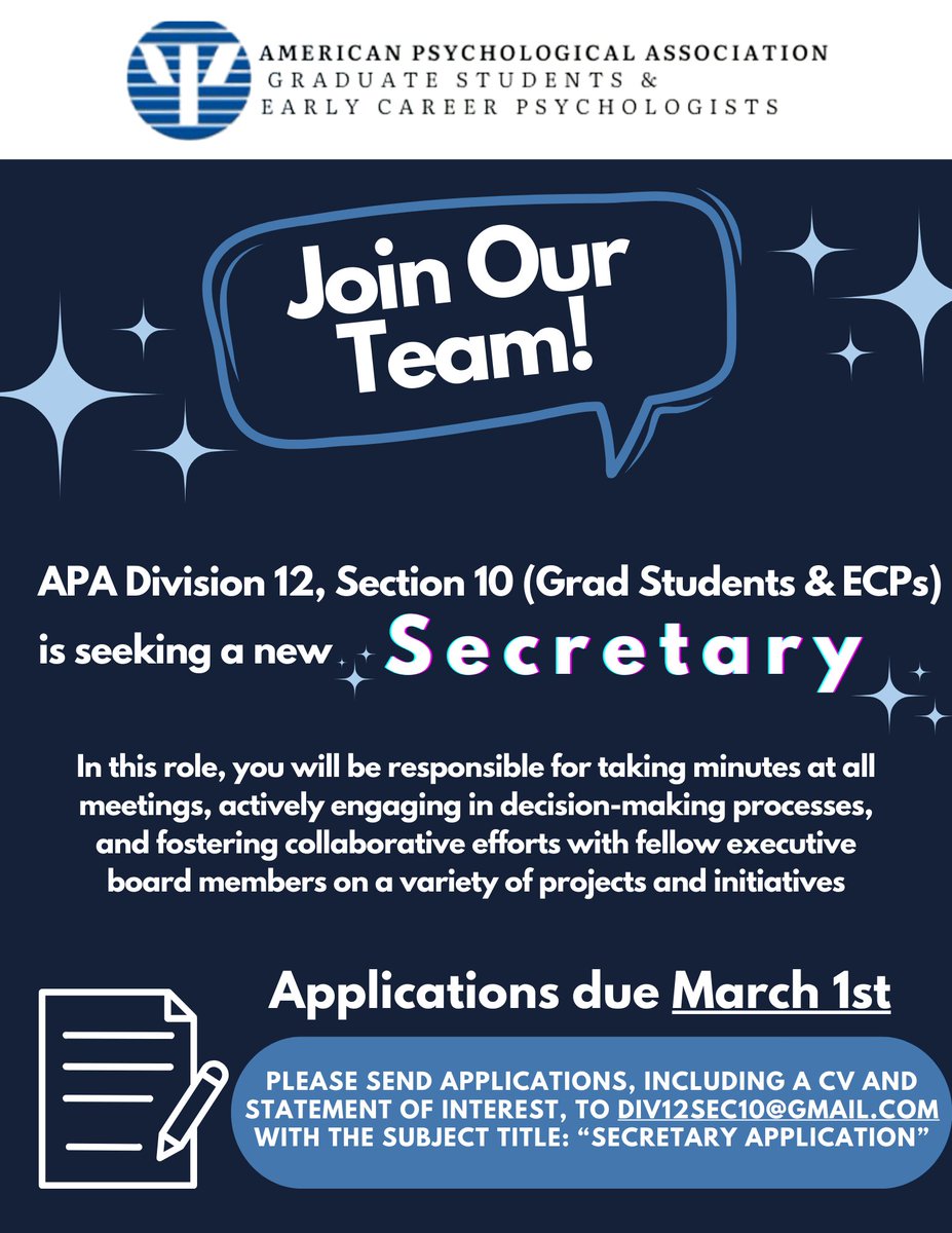 We're looking for a new Secretary for APA Div. 12, Sec. 10! A great opportunity to work with a fantastic team (in our very biased opinion)! 🙌If you're interested, please send your CV and statement of interest to div12sec10@gmail.com by March 1st! #AcademicTwitter #psychtwitter
