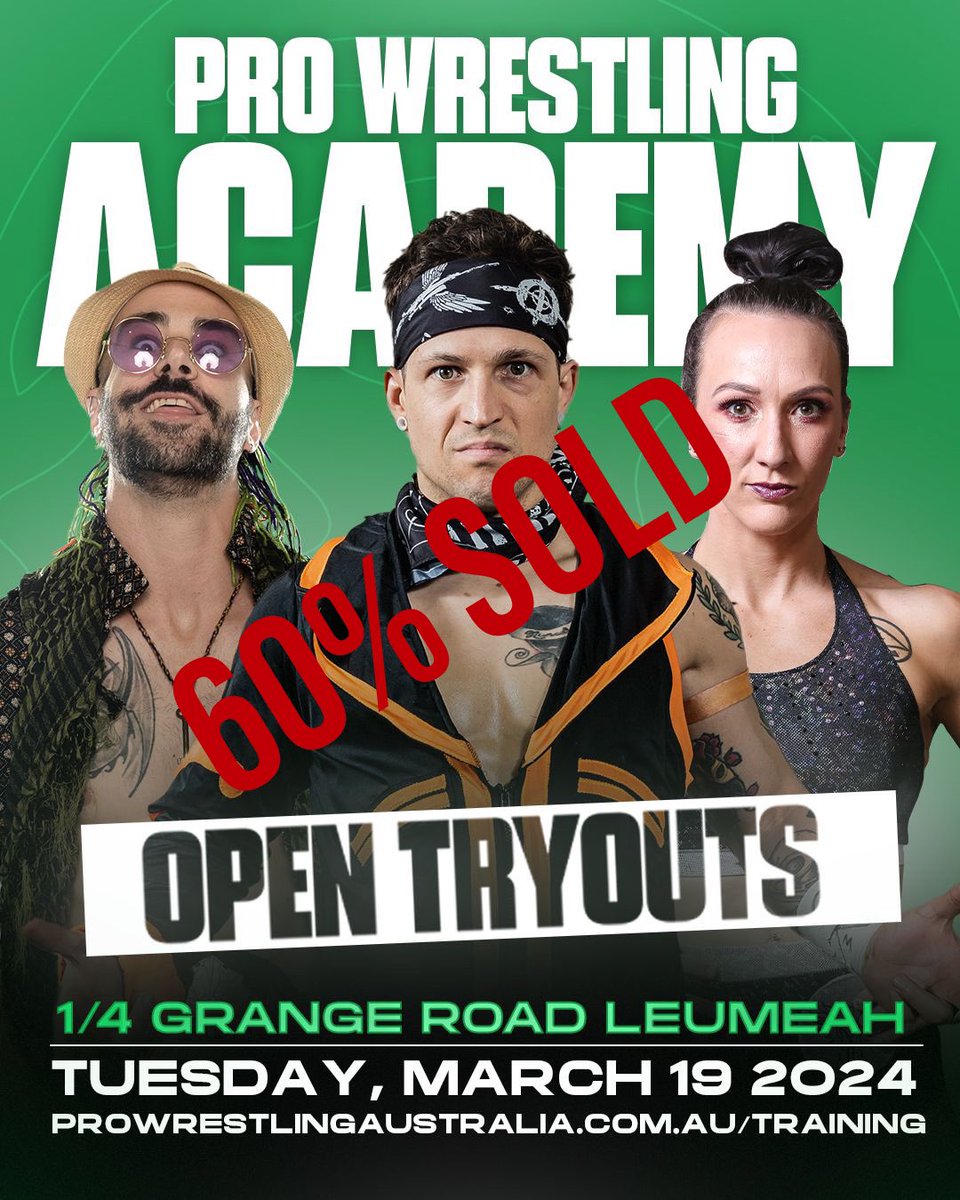 ⚠️ Open Tryouts - Spaces Filling FAST! ⚠️

60% Sold -  Register now to avoid disappointment!

When: March 19th - 7pm
Where: Pro Wrestling Academy - 1/4 Grange Road Leumeah

prowrestlingaustralia.com.au/training