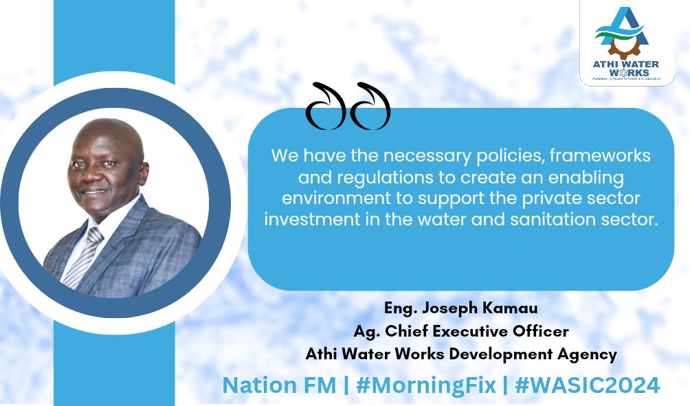 AthiWaterWorks's tweet image. The GOK has created an enabling environment for the private sector to invest in the water and sanitation sector. - @EngJosephKamau 
#WASIC2024 #MorningFix #SDG6 #InvestInWaterKE @NationFmKE