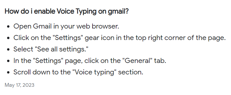 #gmailsupport Is it still possible to use Voice Typing in Gmail? Found the instructions below from May 2023 on the web, but couldn't find Voice Typing in my General Tab in Settings. I contacted my ITS department and they're convinced that it is an add-on/extension. Ideas?