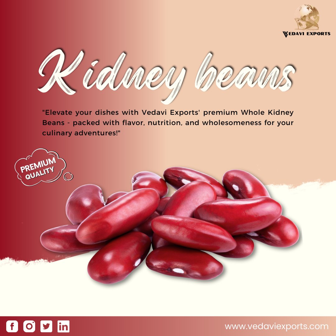 Vedavi Exports brings you the finest Kidney Beans whole, packed with flavor and nutrition. Elevate your meals with our premium beans today!
.
.
#VedaviExports #PremiumQuality #NutritiousChoice #BeanLovers #Kidneybeans #HealthyEating #HealthyHarvest #NutritionRich #Export