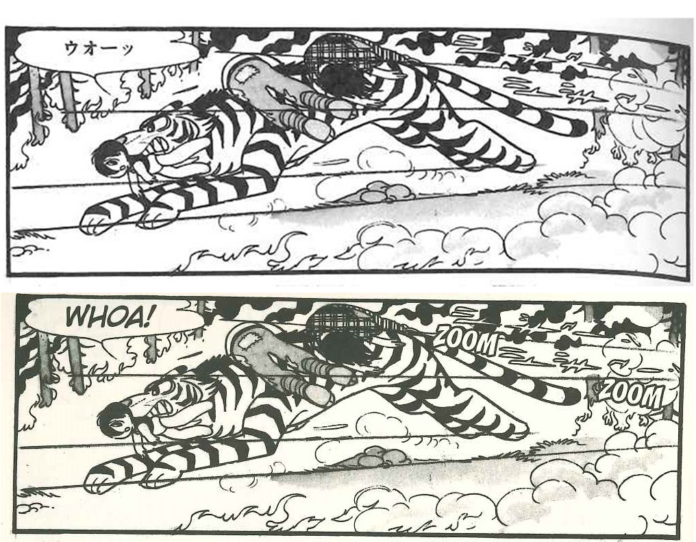 TEZUKA_ENG's tweet photo. 【TEZUKA〝J〟ONOMATOPOEIA】
#BraveDan🐯: Scene #3, Dan running away with a roar holding Kotan in his mouth
“ウォー/Uoo” is a roaring sound, “Whoa” in English.
The book is available at⇒ https://t.co/fYO6lb2WYh https://t.co/4GV4nCiTcw