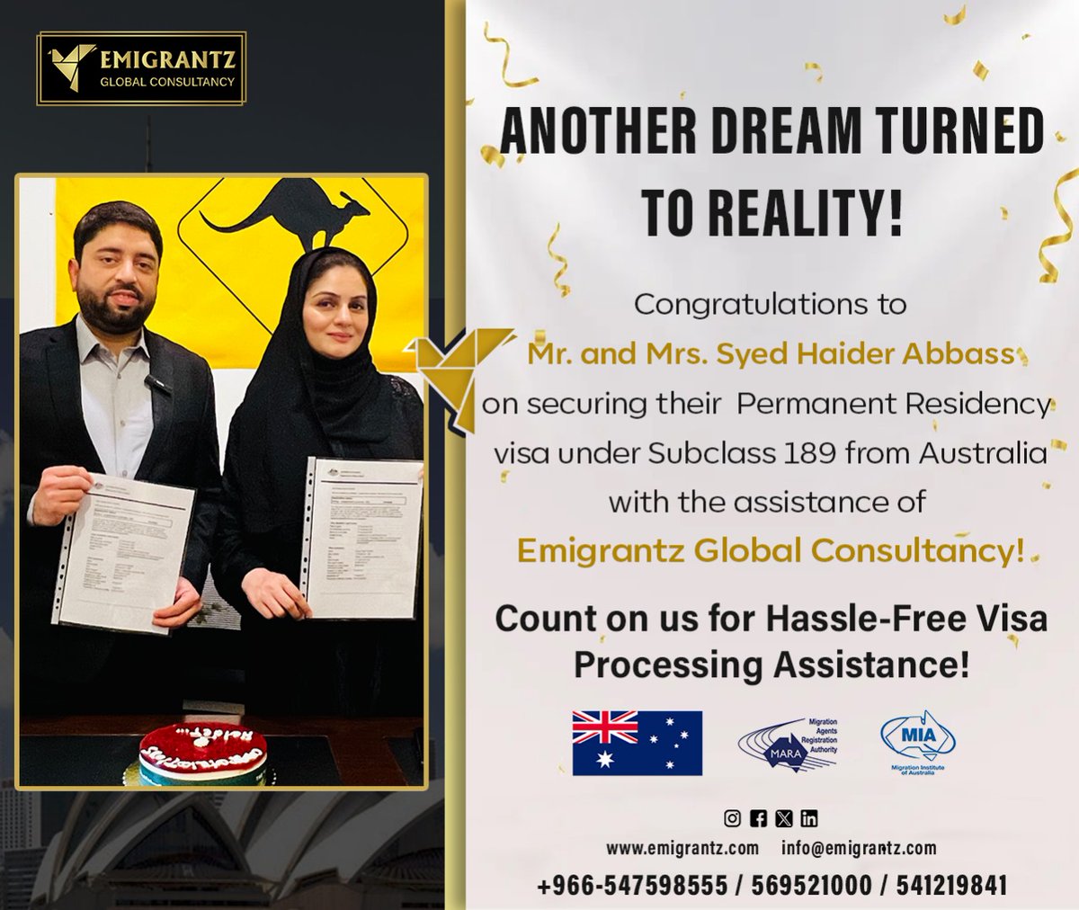 We are thrilled to share a moment of celebration with our wonderful client, Mr. and Mrs. Syed Haider Abbass who has successfully obtained approval of Permanent Residency visa under Subclass 189 from Australia!

#successstory #australia #canada #newzealand #workpermit #studypermit