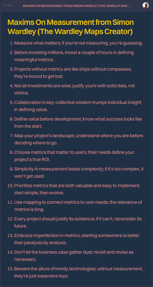 Simon Wardley's strategy tool called Wardley Maps are a solid thinking tool. 

His latest writing on measurement is a gem.  Here it is in the form of maxims I save and review before each project (or project approval):