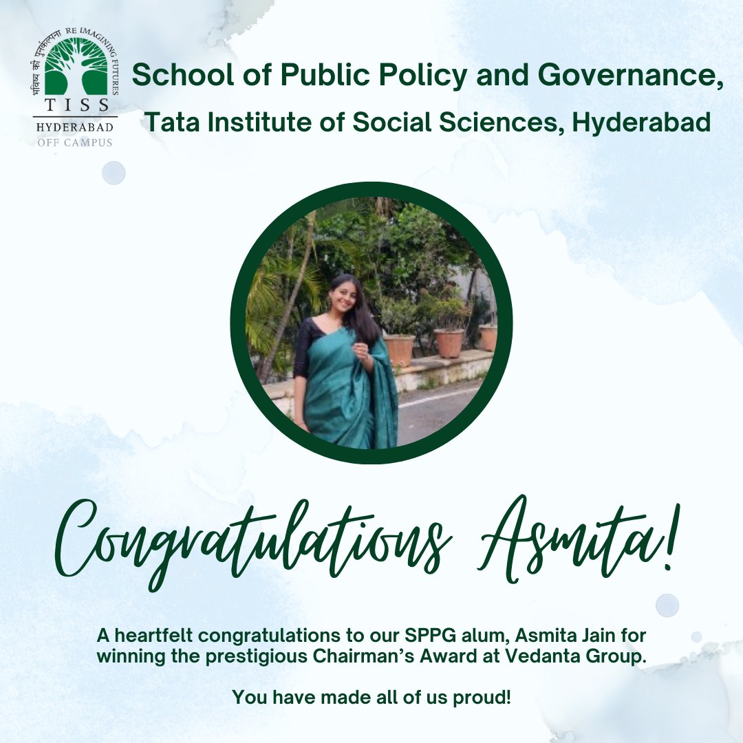 Congratulations to our School of Public Policy and Governance alum, Asmita Jain for winning the prestigious Chairman's Award at Vedanta Group! You have made us all proud! 🎉 @PolicyTiss @TISSpeak