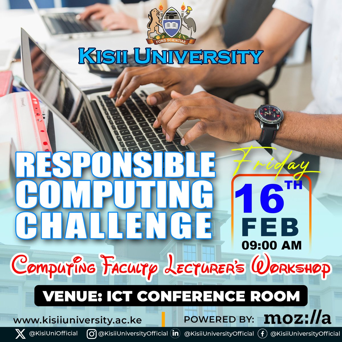 kisiuniofficial's tweet photo. Our Computing Science Faculty will be engaged in a Responsible Computing Challenge Workshop courtesy of Moxilla Foundation. Led by the PI, @FreadMzee, the team will be interogating ways of delivering Responsible Computing Programs. @craignewmark @chao_mbogho #KisiiUniversity https://t.co/gbQAj2cDNf