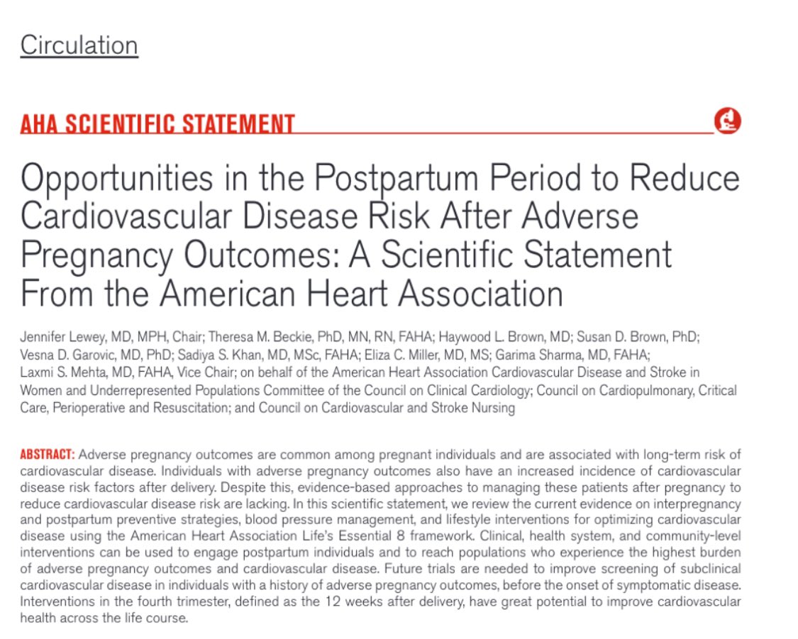 New @American_Heart Scientific Statement: Opportunities in the Postpartum Period to Reduce Cardiovascular Disease Risk After Adverse Pregnancy Outcomes. Honored to be part of @CircAHA writing group with @jennlewey @GarimaVSharmaMD @HeartDocSadiya Beckie, Brown, Garovic, Miller