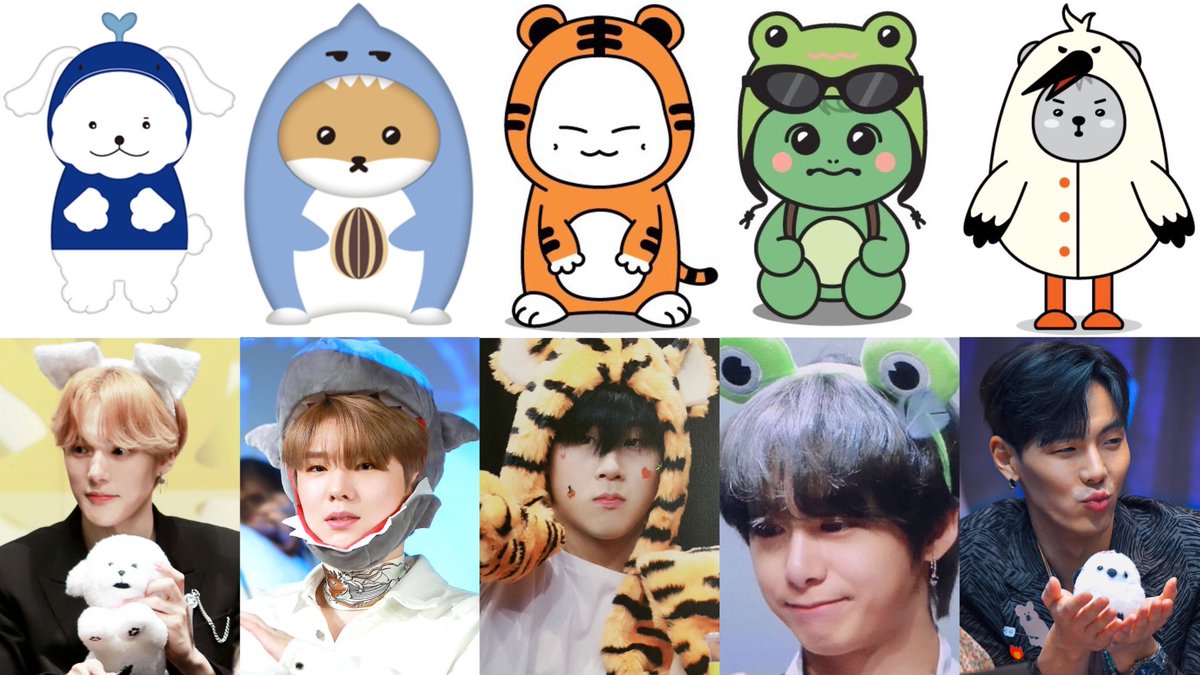 MONSTA X and their official plushies 🥺 MEONGKO 🐶🐳 HAMSANGYI & HAMSGYI 🐹🦈 MARANGYI 🐯🥟 CHAEBOOGI 🐸🐢 BAETONGYI - shownu 🐦🐻‍❄️