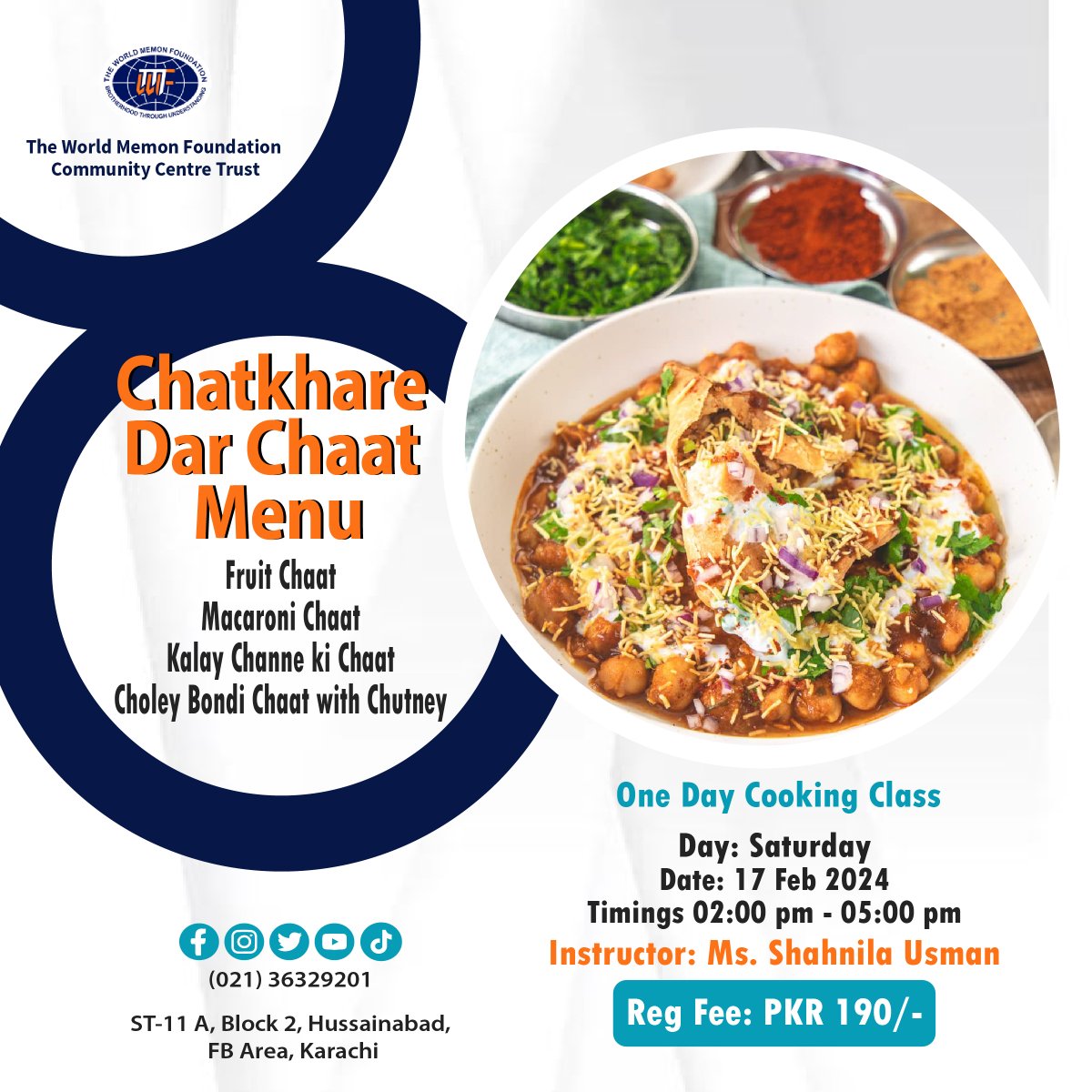 wmfcct_official's tweet photo. VOCATIONAL TRAINING CENTRE
SCHEDULE ONE DAY COOKING
CHATKHARE DAR CHAAT MENU
Kindly call before coming to check the availability of seats (021) 36329201
#wmfcct #oneday #worldmemonfoundationcommunitycentretrusretrust https://t.co/hELSmOX4u2