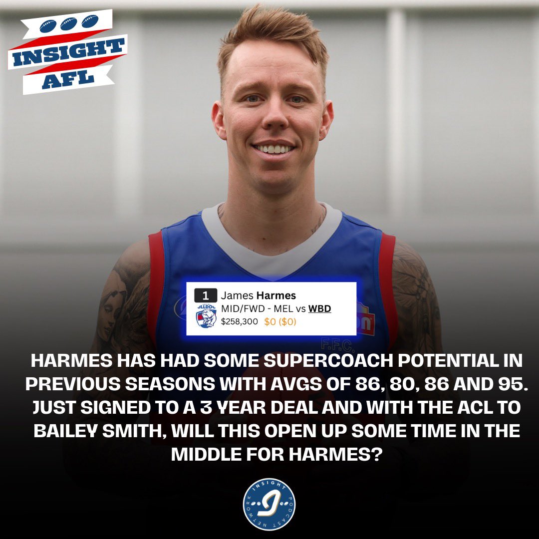 SCInsightPod's tweet photo. Can James Harmes be the beneficiary of the Bailey Smith injury with more time in the middle in 2024? Juicy prospect at the price if so. ๐
#AFLSupercoach #AFL #Supercoach #InsightAFL @SC_BigHorse @SkiddyIFS https://t.co/Q39xbJVFW4
