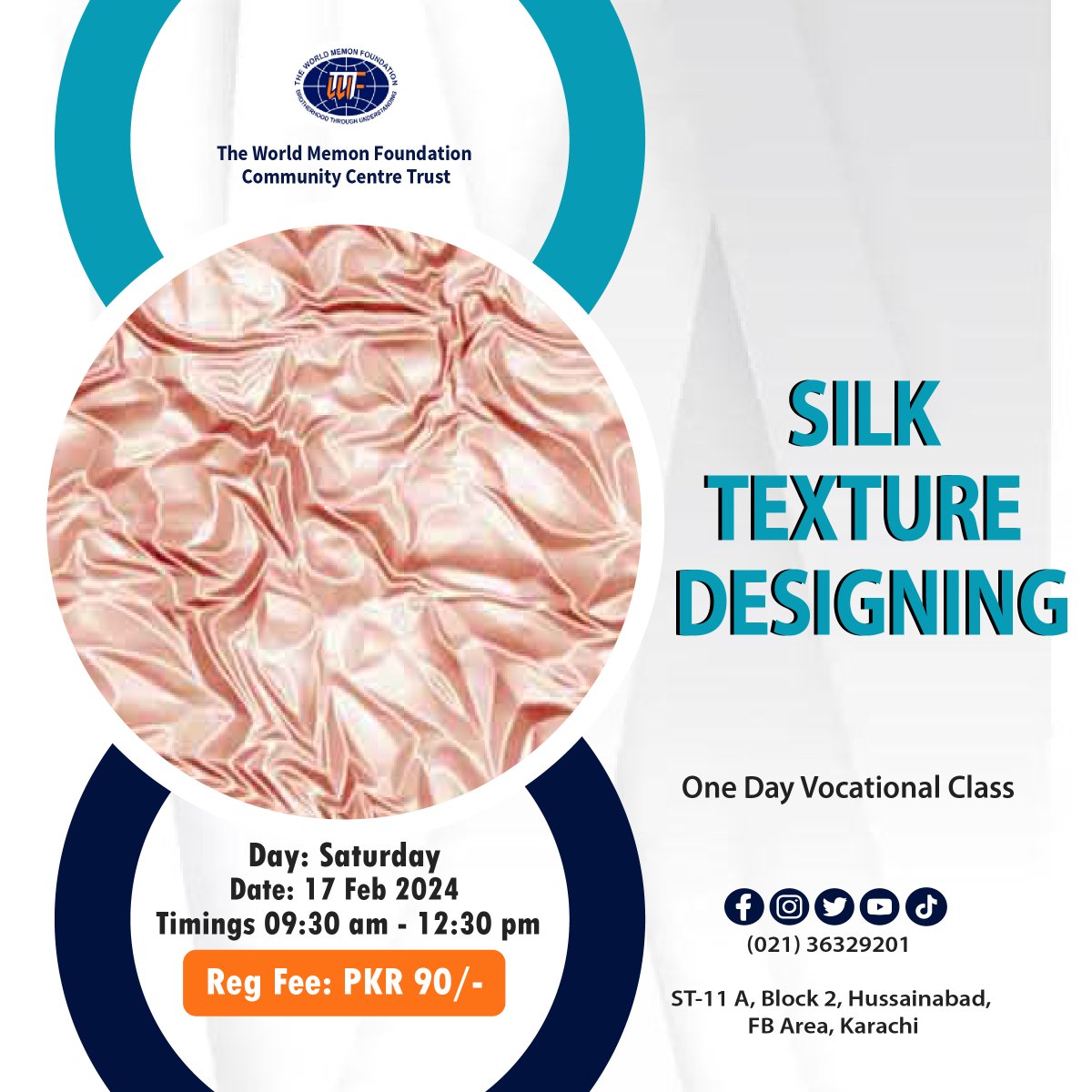 wmfcct_official's tweet photo. VOCATIONAL TRAINING CENTRE
ONE DAY VOCATIONAL
SILK TEXTURE DESIGNING
Kindly call before coming to check the availability of seats (021) 36329201
#wmfcct #oneday #worldmemonfoundationcommunitycentretrusretrust https://t.co/0zUaEOwrM9