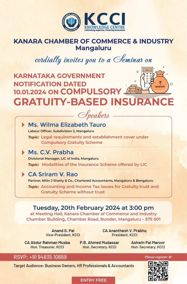 KCCI is organizing a Seminar on Karnataka Government Notification Dtd. 10/01/2024 on Compulsory Gratuity-Based Insurance. Event is scheduled on Tuesday, 20th February, 2024 at 3.00 p.m. at KCCI Meeting Hall, Bunder Mangaluru. Register as per the link forms.gle/dwZoGK5Fo8x4a7…