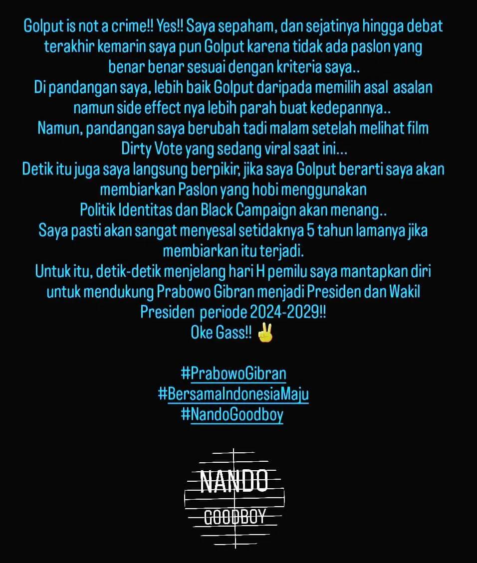 nando_goodboy's tweet photo. Good luck Pak @prabowo dan Mas @gibran_tweet
@prabowogibran2 โ๏ธ
#Prabowo #prabowogibran #bersamaindonesiamaju #gibranrakabumingraka #DirtyVote #pemilu #2k24 #electionday #pemilihanumum #paslon #capres #cawapres #nandogoodboy https://t.co/O20rWECgxu