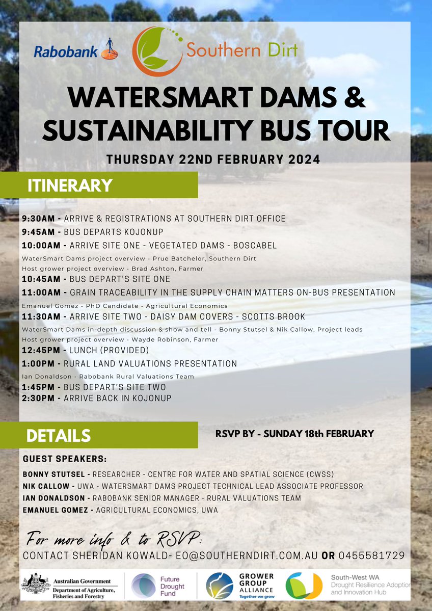 DirtSouthern's tweet photo. Jump in with us and learn more about how you can get your dams working again.
Learn from our experts in WaterSmart Dams and chat to our local host farmers who are showcasing innovative solutions in water capture and conservation.
Spots are filling quick - RSVP now! 🚍😀💧 https://t.co/Gl2JEwBaQ9