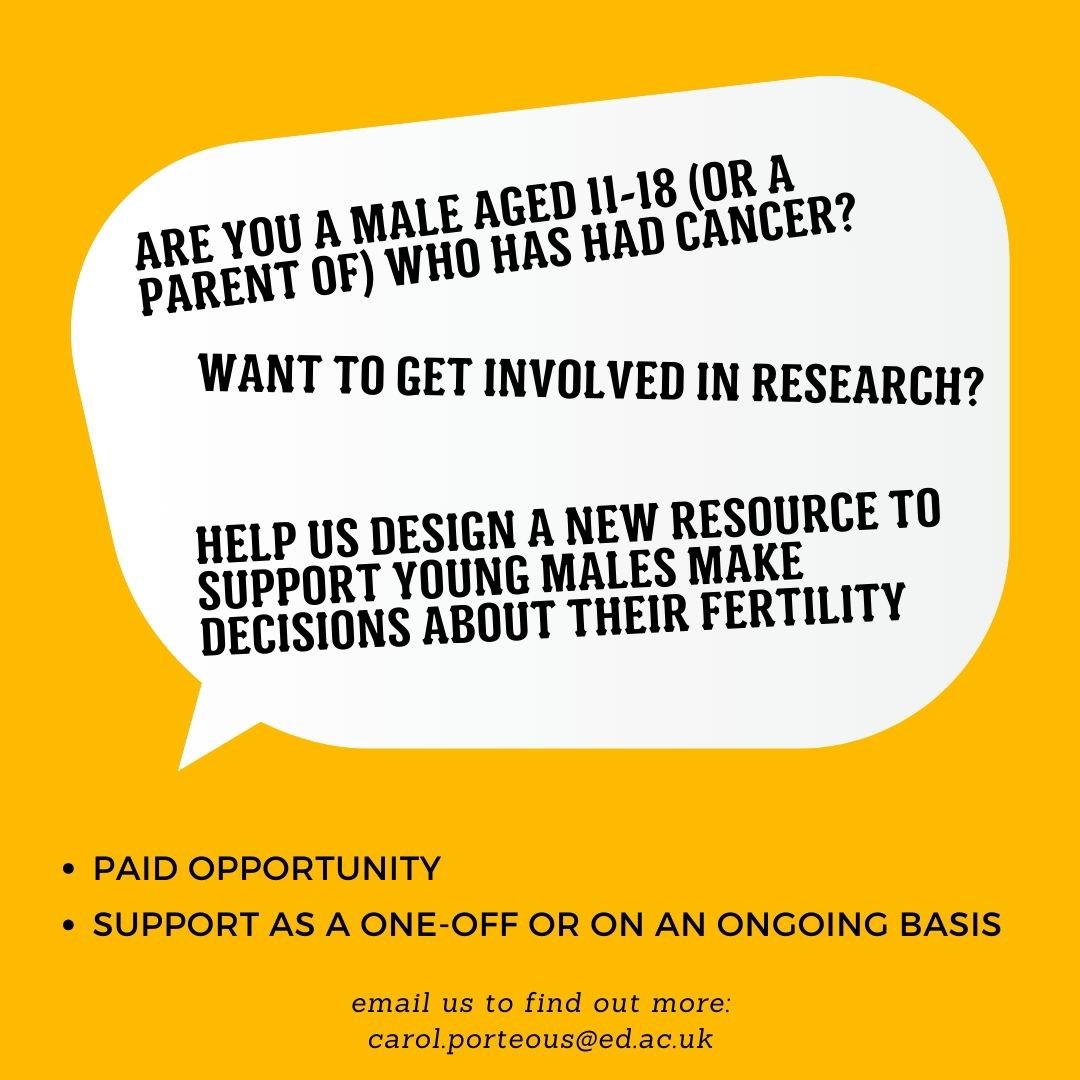 🚨 We are looking for males (or a parent) who have had #ChildhoodCancer 🚨to help us design a new resource to help other young males to make decisions about their future #Fertility. Interested? 👉 bit.ly/3StdXYS