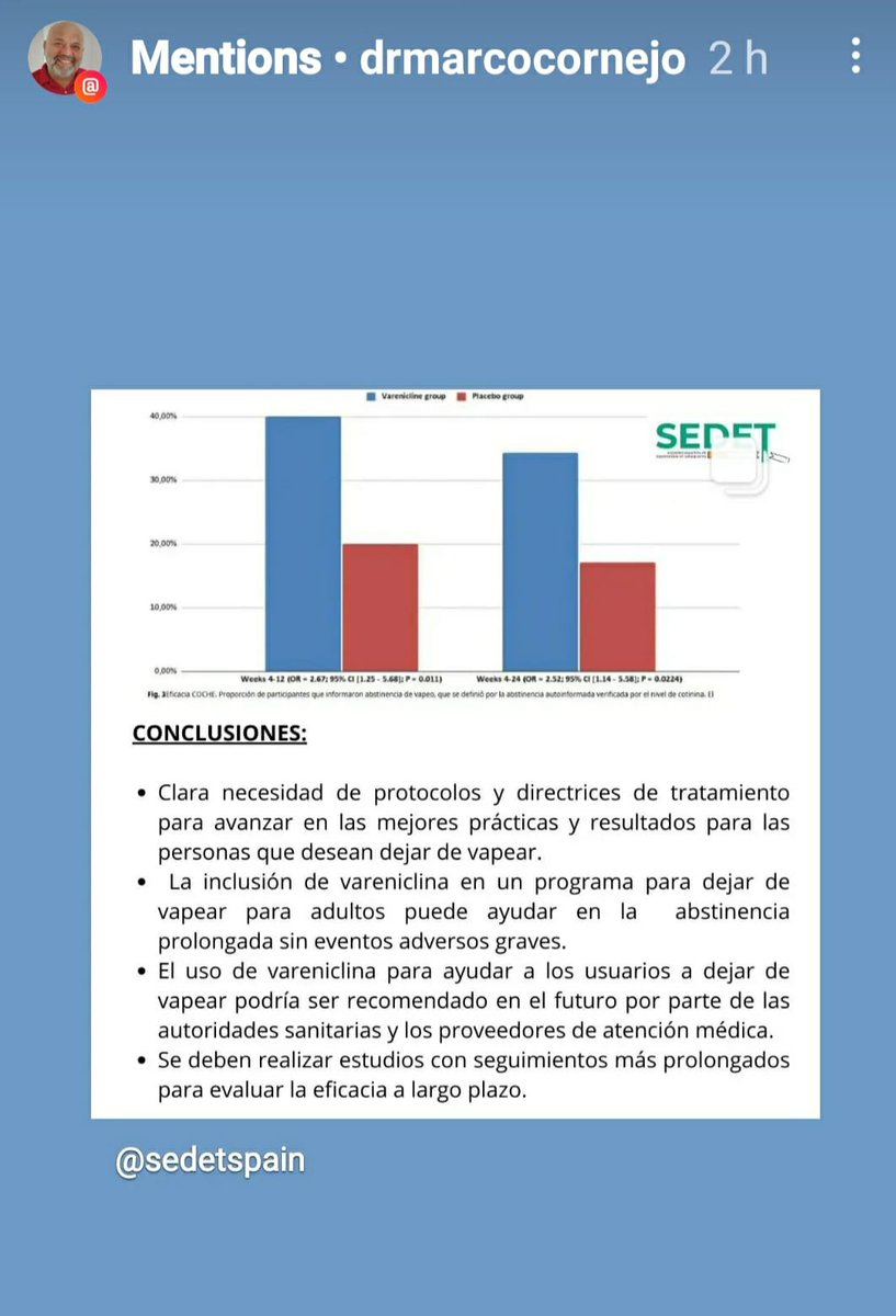 SEDET TE LO CUENTA.

¿Es eficaz y seguro el uso de vareniclina combinada con asesoramiento para dejar de vapear?

¡Te lo contamos!