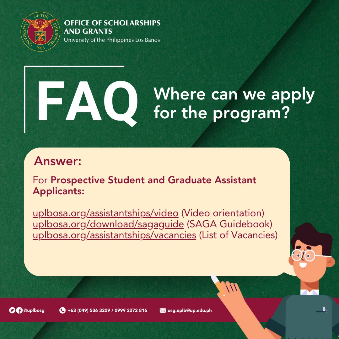 uplbosg's tweet photo. [𝗦𝗔𝗚𝗔 𝗔𝗣𝗣𝗟𝗜𝗖𝗔𝗧𝗜𝗢𝗡 𝗣𝗥𝗢𝗖𝗘𝗦𝗦]
Curious about the process of applying as a Student Assistant or Graduate Assistant or do you have questions on how to hire your SAGAs?

For more information visit:
https://t.co/5E6VHtSPq6 https://t.co/QH2I886WFq